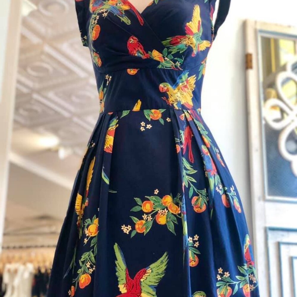 Emily and Fin Playful Parrots Dress Swing with Pockets, Size S / UK 10